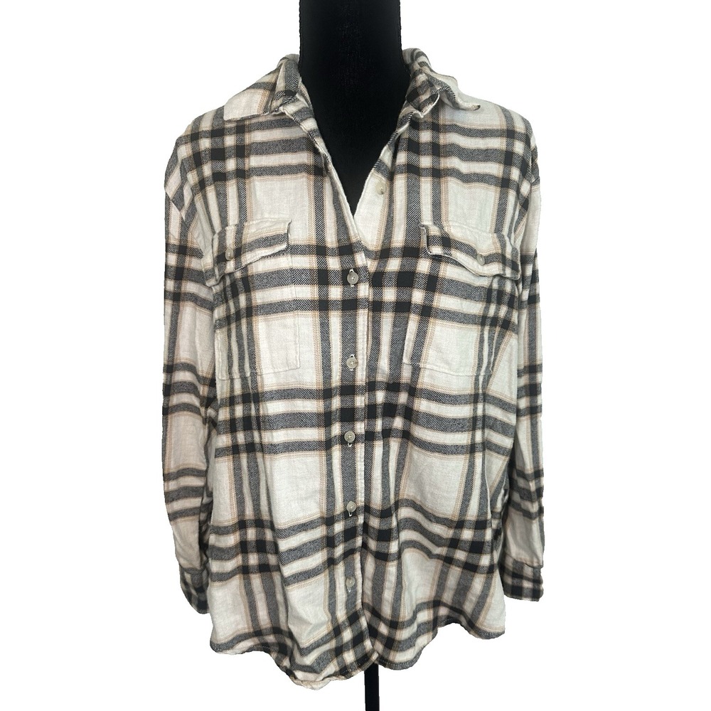 Old Navy Women's MED Boyfriend Plaid Button Down Long Sleeve Shirt Brown Cream